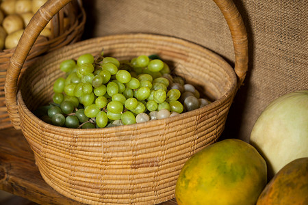 芒果仔周末特写韦克篮子里的新鲜葡萄背景
