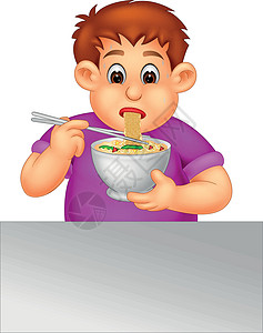 胖男孩用筷子吃面条动画片高清图片