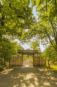 Rikugigien花园的小室内竹门天赋太阳木头岩石树叶教育绣球花传统位置叶子背景