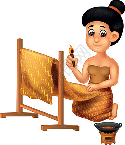 印尼海神庙美丽的女人制作蜡染印尼民族传统面料卡通插画