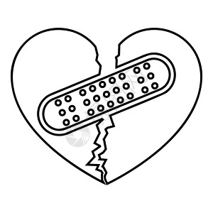 创可贴粘起来的破碎的心带有连接两半图标的补丁的心形轮廓黑色矢量插图平面样式图像插画