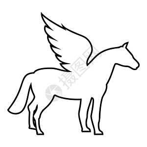 飞马座有翼马剪影神话生物神话般的动物图标轮廓黑色矢量插图平面样式 imag背景图片