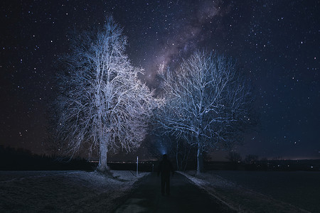 带手电筒的徒徒步旅行者月光光束乳白色男人头灯星座冒险旅行戏剧性蓝色宇宙背景图片