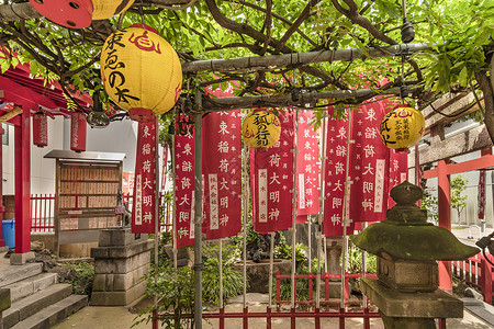 在一个小神户圣堂里 被绿苔的石灯笼罩着神道植物灯笼绳索狐狸下轮叶子动物邻里王子背景图片