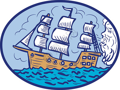 帆船制作素材帆船椭圆形画插画