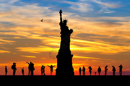 日落时的自由雕像首都教会城市插图旅行旅游纪念碑建筑游客背景图片