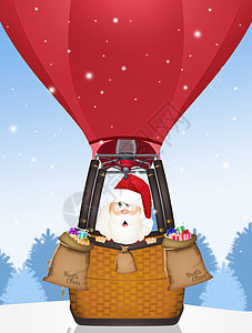 圣诞热气球圣诞老人在热气球上展示运输气体天空庆典插图篮子礼物麻袋男人背景