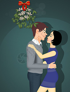 情侣在寄生虫下接吻压痛插图女孩浆果夫妻男人新年运气植物风俗背景图片