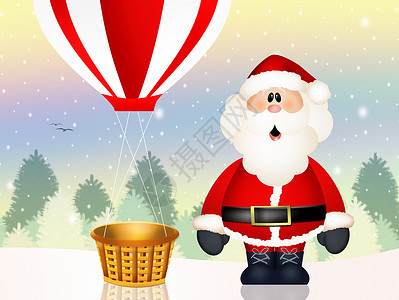 圣诞老人在热气球上插图雪人航班明信片庆典卡通片新年景观闲暇热气球背景图片