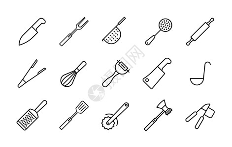 压蒜器厨具和厨房矢量图标 se别针插图服务烹饪菜刀烧烤收藏钢包滤器锤子插画