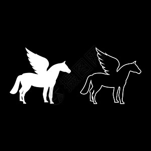 飞马座有翼马剪影神话生物神话般的动物图标轮廓设置白色矢量插图平面样式 imag背景图片