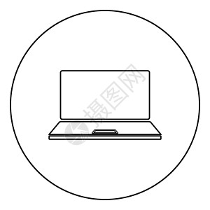 圆形轮廓黑色矢量插图平面样式图像中的笔记本电脑图标背景图片