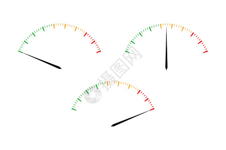 仪表标识一组简单的矢量转速表 带有在白色背景上隔离的红黄色和绿色部分速度计图标性能测量符号的指示器设计图片