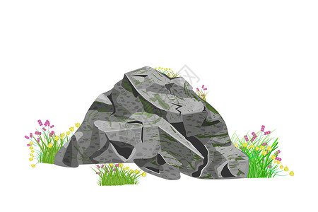 岩石裂缝孤立在白色背景上的石头和草插画