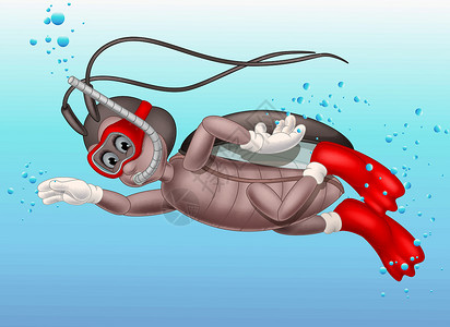 潜水手套有趣的棕色蟑螂游泳与红色游泳装备卡通插画