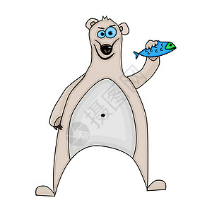 孤立在白色背景上的卡通北极熊 有趣的北极熊与鱼高清图片