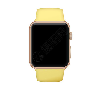 铝箱智能手表和花粉黄色带Name展示屏幕按钮白色小样案件黑色运动健身房灰色背景图片