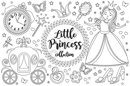 版萌系小公主可爱的小公主灰姑娘为孩子们设置了着色书页 设计元素草图轮廓样式的集合 孩子们婴儿剪贴画有趣的微笑套件 它制作图案矢量设计图片