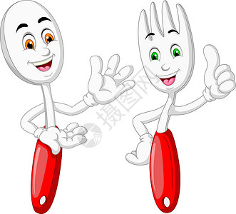 红色叉子滑稽的白色红色勺子和叉子戴着白色手套与拇指向上的手卡通插画