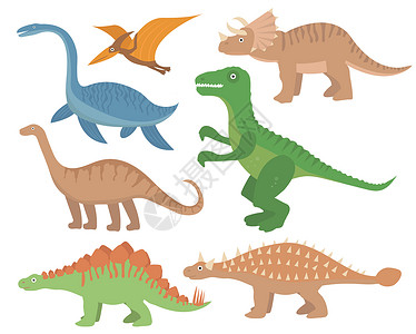 恐龙平面图标集 卡通风格 与翼龙 剑龙 三角龙 异特龙 霸王龙 雷龙 雷龙 甲龙 蛇颈龙的对象的集合背景图片