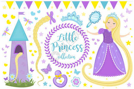 城堡公主可爱的小公主长发公主设置对象 收藏设计元素与漂亮的女孩 塔 蝴蝶 配饰 孩子们婴儿剪贴画有趣的微笑字符 插图背景