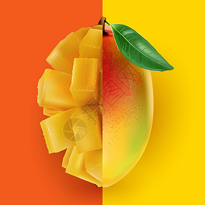 芒果切半个芒果和半个芒果丁插画