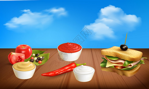 蔬菜包子抽象背景的三明治和不同调味料的模拟插图 以抽象背景蔬菜营养文化小样面包横幅汉堡午餐芝麻美食设计图片