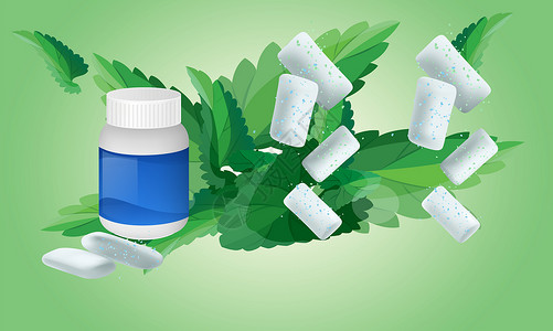 可商用胶囊在抽象背景中 可使用嚼口香糖的模拟插图瓶子塑料活力力量生态绿色气密性医疗元素食物设计图片