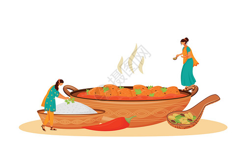 服务平面概念矢量图 身着纱丽的印度女厨师正在为网页设计准备传统素食菜肴 2D 卡通人物 餐饮服务创意背景图片