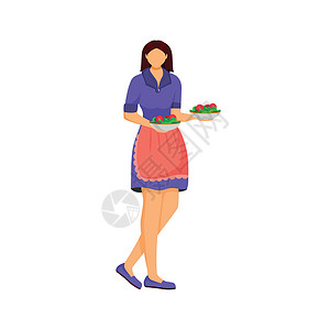 女服务员用平淡的颜色矢量不露面的菜做饭 女人拿着盛着食物的盘子 为网页图形设计和动画订购独立卡通插图的自制餐点背景图片