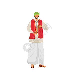 传统动画片男性印度人倾倒平面颜色矢量不露面的角色 印度传统服装师与杯子孤立的卡通插图 用于网页图形设计和动画插画