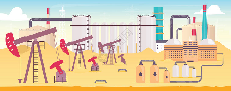工业炼油厂平面彩色矢量插图 气体提取站 2D 卡通景观与背景上的烟囱 带泵的陆上石油钻井平台 自然资源采矿设备背景图片