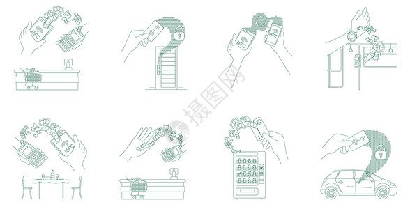 麻小免电子货币和钥匙卡细线概念矢量插图集 人们使用智能电子设备 2D 卡通人物进行网页设计  NFC 技术货币交易创意设计图片