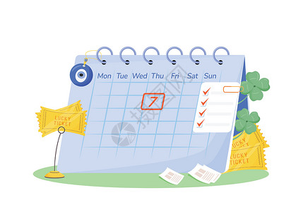 星期二 7 日平面概念矢量图 日历与幸运票和幸运护身符 2D 卡通作品网页设计 迷信的幸运日创意 好运符号背景图片