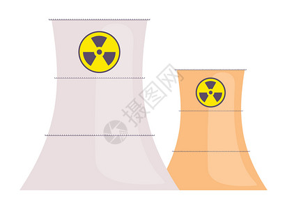 核反应堆卡通矢量图 工业电厂化工厂建设平面颜色对象 在白色背景隔绝的大冷却烟囱 原子能发电背景图片