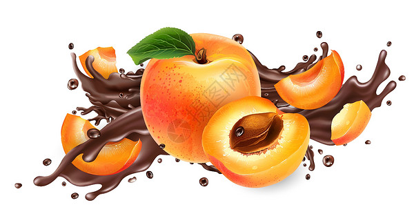 成熟杏子和巧克力飞溅的组成美食高清图片素材