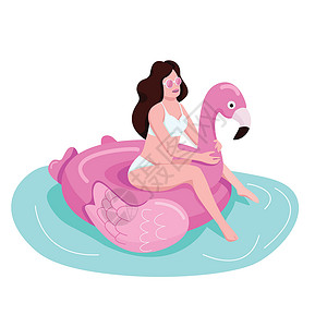 火烈鸟玩具女孩坐在充气火烈鸟平面颜色矢量不露面的角色上 海滩度假村的女游客 粉色气垫上的人 泳池派对上戴墨镜的女人孤立的卡通图案插画