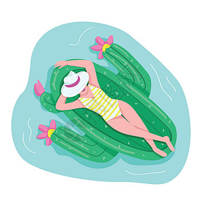 游泳女素材睡在充气床垫上的女人扁平的彩色矢量不露面的角色 女游客在充气玩具上晒日光浴 在游泳池放松 穿泳装的女孩躺在孤立的卡通图案中插画