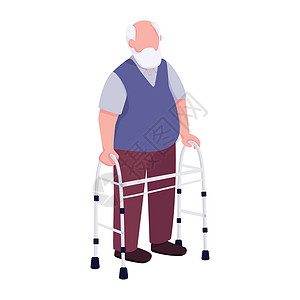60岁老人老人使用沃克平面颜色矢量不露面的角色 祖父带着辅助设备走路 用于网页图形设计和动画的老年男性与拐杖孤立的卡通插图插画
