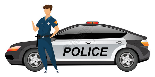 警察在抓小偷警察站在巡逻车旁 平面彩色矢量不露面的人物 警务人员在统一的孤立卡通插图中进行网页图形设计和动画制作 微笑的警察与个人自动插画