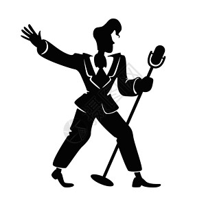 黑色人物剪影爵士乐男歌手黑色剪影矢量图 复古的人站在时尚姿势与麦克风  1920 风格男演员 2d 卡通人物形状商业动画打印插画