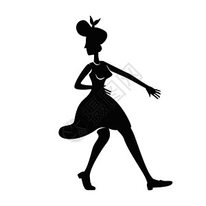 跳舞女孩剪影老式女士跳舞黑色剪影矢量图  1940 年代风格的女性摆姿势 摇摆摇滚舞者 2d 卡通人物形状商业动画打印插画