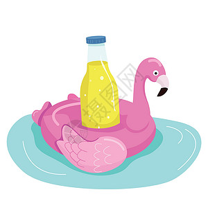 火烈鸟玩具充气火烈鸟卡通矢量图 可爱的气垫可以装饮料 泳池派对项目 玻璃瓶中的柠檬水平面颜色对象 孤立在白色背景上的柑橘汽水插画