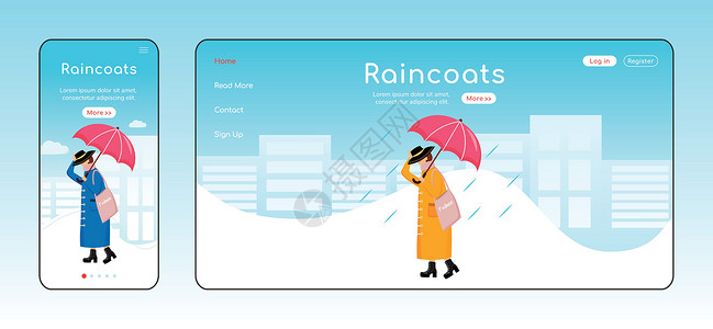 风雨如磐雨衣着陆页平面颜色矢量模板 移动显示  Rainywear 主页布局 时尚女性一页网站界面卡通人物 雨天插画