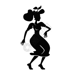 黑色人物剪影摇滚女人黑色剪影矢量图 跳舞姿势的女性人 优雅的老式女孩表演2d 卡通人物形状用于商业动画打印插画
