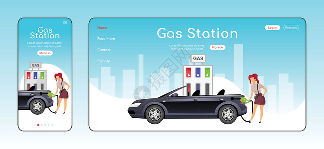 加油站响应登陆页面平面颜色矢量模板 汽油销售网络主页布局 带有卡通人物的一页网站用户界面 汽车加油自适应网页跨平台设计背景图片