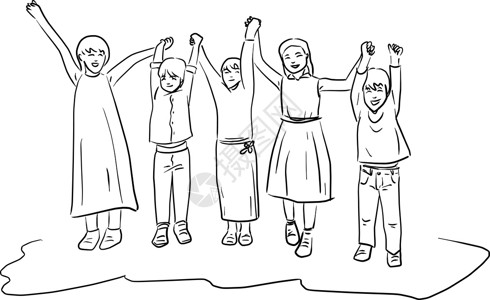 12岁孩子四个面带微笑的孩子举起双手 制作图案矢量图设计图片