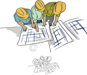 工人查看施工图顶视图三位建筑工程师在 co 中查看蓝图插画