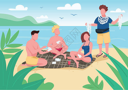 海贼们夏日朋友们在海滩平面彩色矢量插图上打牌 人们购买贝壳纪念品 当地商务人士出售配件 夏日狂欢 背景为海景的二维卡通人物设计图片