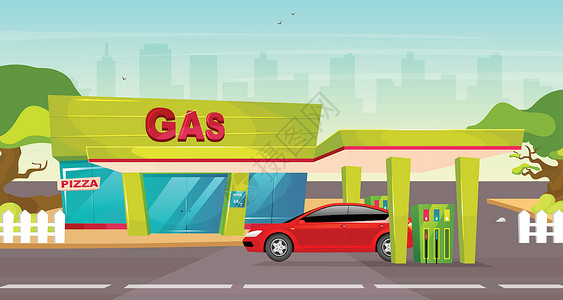 车与建筑素材加油站平面彩色矢量图 车用汽油泵 用于超速运输的汽油笔芯 汽车加油服务 可爱的 2D 卡通城市景观与背景上的红色汽车插画